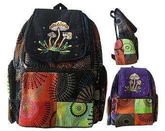 Teal Boho Backpack, Mushroom Embroidery, 100% Cotton  display picture 3