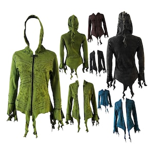 May include: A collection of hooded jackets in various colors, including green, brown, and blue. The jackets feature a unique design with a pointed hood and decorative accents. The jackets have a zipper closure and a distinctive hemline.