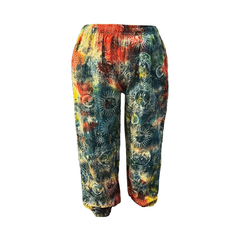 Mushroom Print Harem Pants: Stonewash Hippie Trousers, One Size Sunmoon-Multi