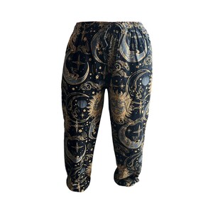 Mushroom Print Harem Pants: Stonewash Hippie Trousers, One Size Sunmoon-Black#2