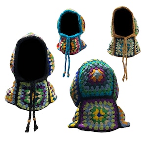 May include: Four colourful, crocheted balaclavas. Each balaclava features a square granny stitch design in various colours, including blue, green, yellow, and purple. The balaclavas have drawstrings and are displayed against a white background.