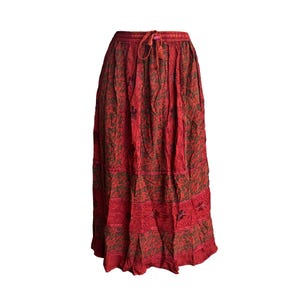 Handmade Boho Maxi Skirt – Flowy Vintage Gypsy Skirt with Embroidery Elastic Waist LongSkirt, Cottagecore Aesthetic Festival Fashion Onesize Embroidery-Red1