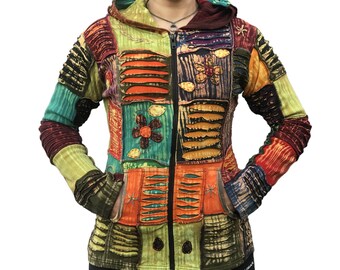 Chaqueta Con Capucha Hippie Boho Patchwork - Bordada A Mano, Algodón, Estilo Festival, Hecho En Nepal