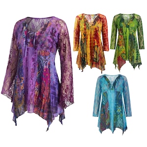 Boho-Tunika mit Paisley-Muster, Vintage-Bluse mit Spitzenpatchwork, asymmetrisches Kleid im Fairycore-Stil, Hippie-Festivalhemd mit langen Ärmeln, Geschenkidee für Sie
