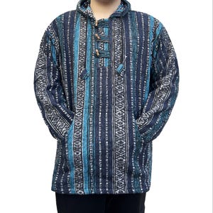 May include: A blue and white striped hooded pullover with a drawstring closure. The pullover has a relaxed fit and is made of a soft, comfortable fabric.