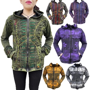 May include: Five different colored hooded jackets with a distressed look and floral embroidery. The jackets are all zip-up and have pockets. The jackets are in green, purple, orange, gray, and blue.