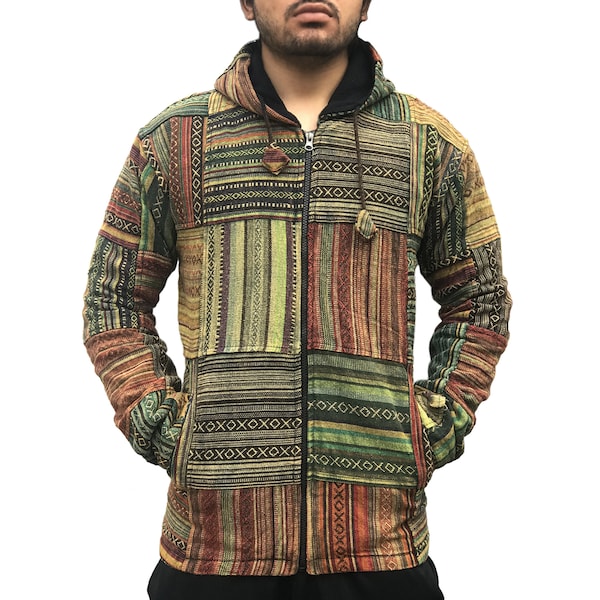 Hippy Patchwork Hooded Winter Jacket | Embroidered OM Aztec Vintage Oversize Baggy Fleece Hoodie | Womens Mens Boho Festival Baja Rug M L XL
