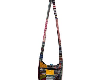 Borsa Hippie Donna Boho A Mezzaluna, Tessuto Etnico Multicolore, Tracolla Regolabile, Accessorio Vintage