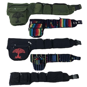 Hippy Waist Cargo Bum Bag | Festival hip belt travel crossover Adjustable Straps Sachet | Womens Men Utility fanny boho fair trade 80's bags