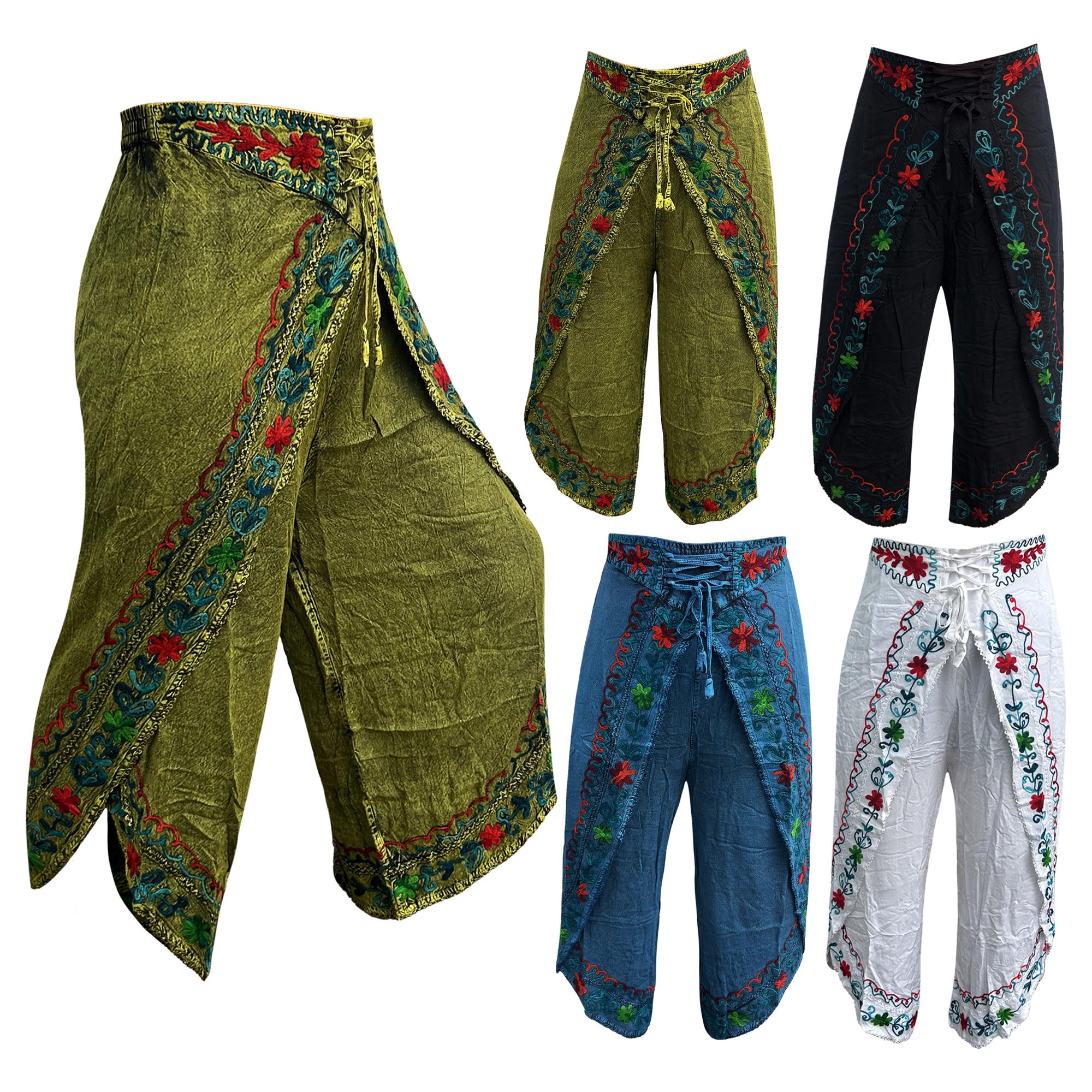 Embroidered Boho Wrap Pants: Handmade Floral Hippie Trousers - Etsy