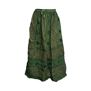 Handmade Boho Maxi Skirt – Flowy Vintage Gypsy Skirt with Embroidery Elastic Waist LongSkirt, Cottagecore Aesthetic Festival Fashion Onesize Embroidery-Green