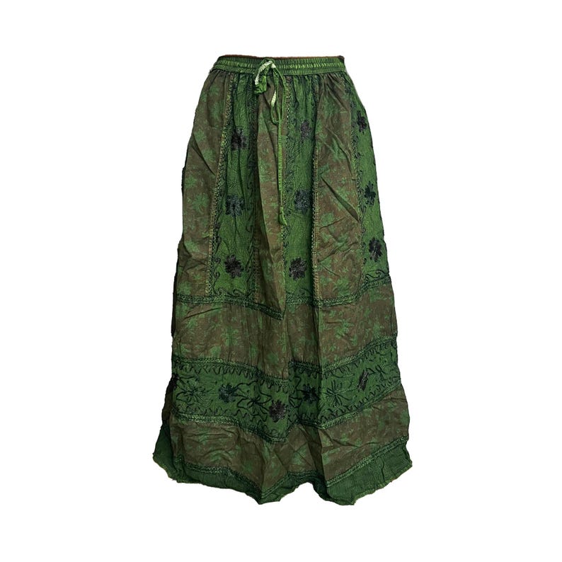 Handmade Boho Maxi Skirt – Flowy Vintage Gypsy Skirt with Embroidery Elastic Waist LongSkirt, Cottagecore Aesthetic Festival Fashion Onesize Embroidery-Green