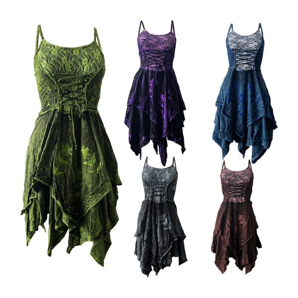 Boho Gothic Fairy Dress with Lace Corset & Layered Handkerchief Skirt – Renaissance Party Outfit for Women, Witchcore Festival Clothing