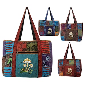 Pilz bestickte Umhängetasche | Boho Hippie Herren Damen Baumwolle Geldbörse | Handgemachte Bunte Festival Handtasche | Umweltfreundliche große Tragetaschen