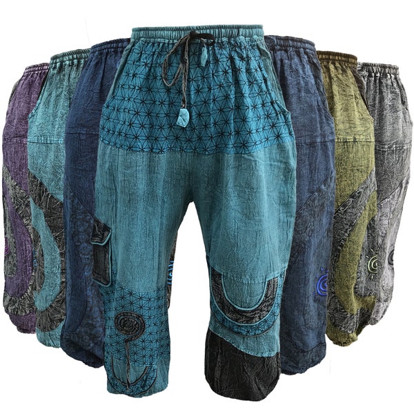 Aztec Stonewash Patchwork Trousers Hippie Mens Womens Harem Hippy Pants Men Baggy Stretch Waist Gypsy Sun Print Festival Trouser One Size
