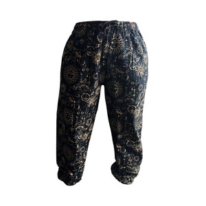 Mushroom Print Harem Pants: Stonewash Hippie Trousers, One Size Sunmoon-Black