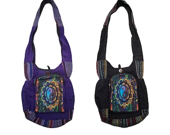Boho Hippie Crossbody Bag with Yin Yang Mandala – Festival Shoulder Bag – Colorful Tribal Print Hobo Purse – Handmade Bohemian Everyday Tote