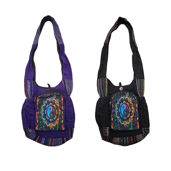 Boho Hippie Crossbody Bag with Yin Yang Mandala – Festival Shoulder Bag – Colorful Tribal Print Hobo Purse – Handmade Bohemian Everyday Tote