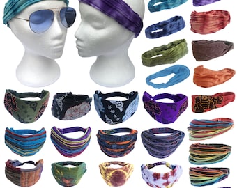 Hippie Boho Tribal Headband | Bohemian Women Men Festival Bandana | Elastic Youth Fashion Yoga Wide Wrap | Cotton Stripe Tie Dye Headwear