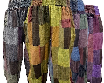 May include: Three pairs of patchwork pants in different color combinations. The pants are made of a soft, cotton fabric and have a comfortable, loose fit. The pants feature a wide elastic waistband and a relaxed, flowy silhouette.