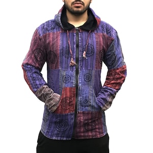 May include: A purple, red, and black patterned hooded jacket with a zipper closure. The jacket has a patchwork design with floral motifs.