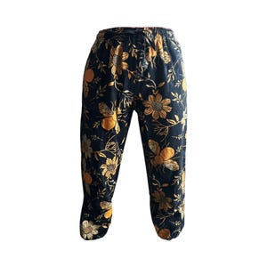 Mushroom Print Harem Pants: Stonewash Hippie Trousers, One Size Floral-Black