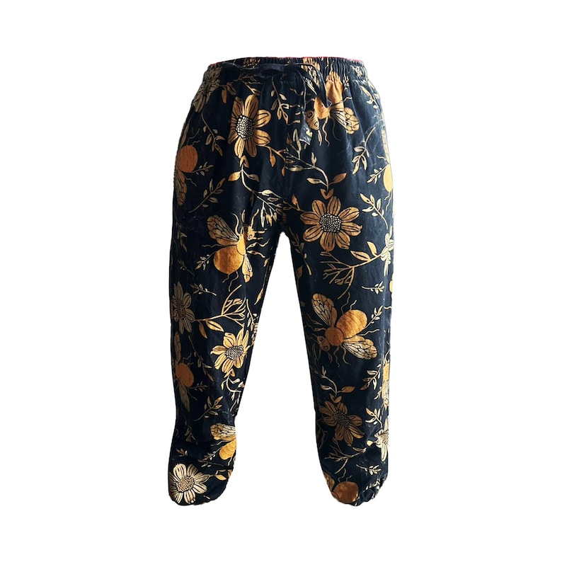 Mushroom Print Harem Pants: Stonewash Hippie Trousers, One Size Floral-Black