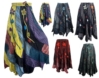 Boho Embroidered Floral Cotton Maxi Skirt: Handmade Hippie Festival Clothing