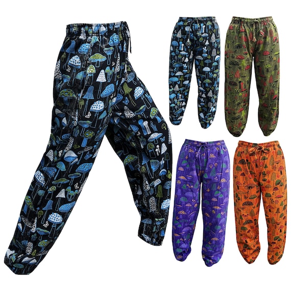 Mushroom Print Harem Pants: Stonewash Hippie Trousers, One Size