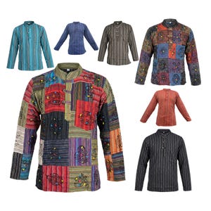 Handmade Cotton Patchwork Grandad Shirt: Boho Hippie Festival Top