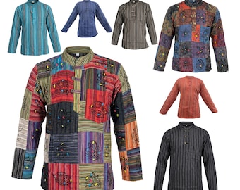 Handmade Cotton Patchwork Grandad Shirt: Boho Hippie Festival Top