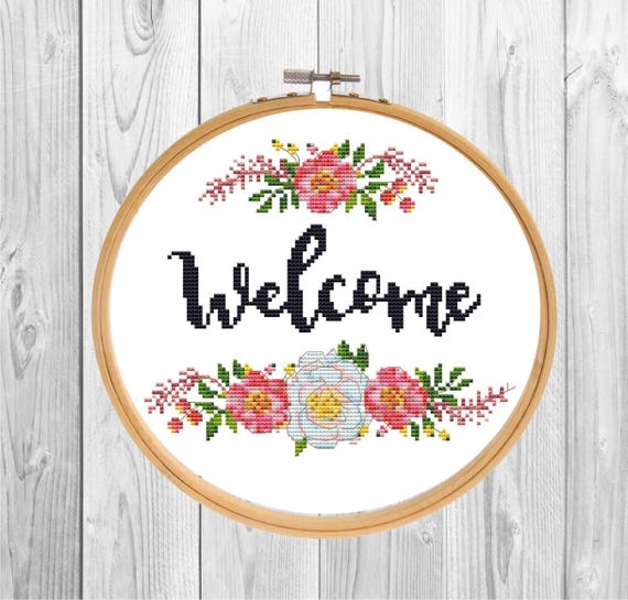 Welcome Cross Stitch Pattern Pdf Flower Needlepoint Chart Etsy