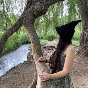 May include: A person wearing a black pointed hat and a floral dress stands next to a tree by a stream.