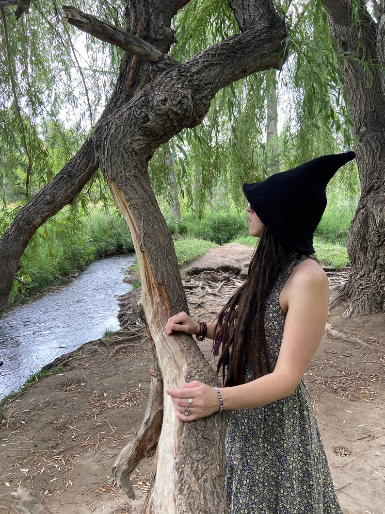 May include: A person wearing a black pointed hat and a floral dress stands next to a tree by a stream.