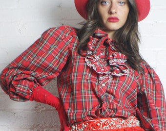 Tartan Ruffled Puffy Sleeve Blouse