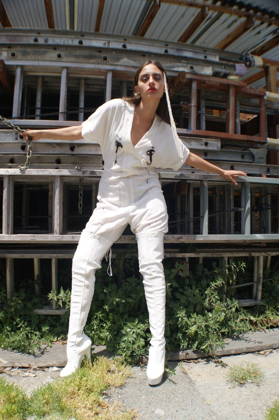 White Linen Jumpsuit With Avant Garde "Crying Eye… - image 3