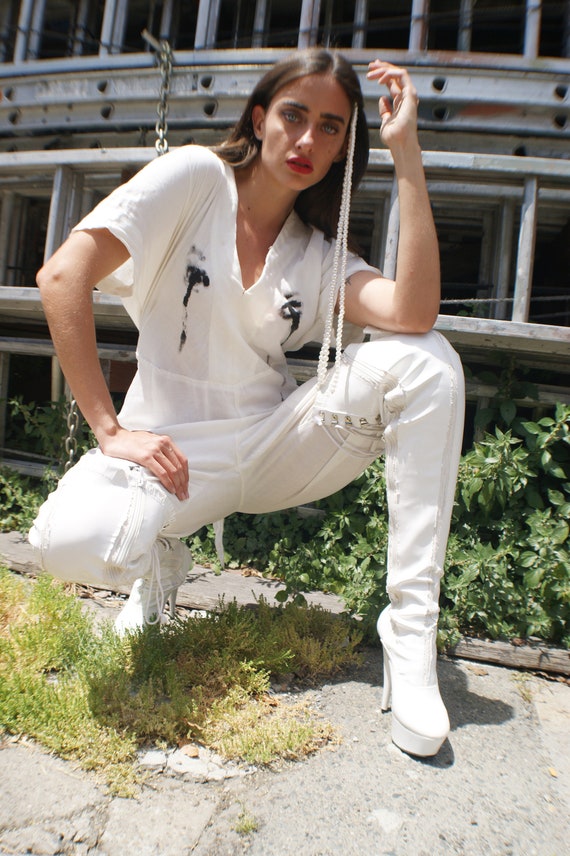 White Linen Jumpsuit With Avant Garde "Crying Eye… - image 2