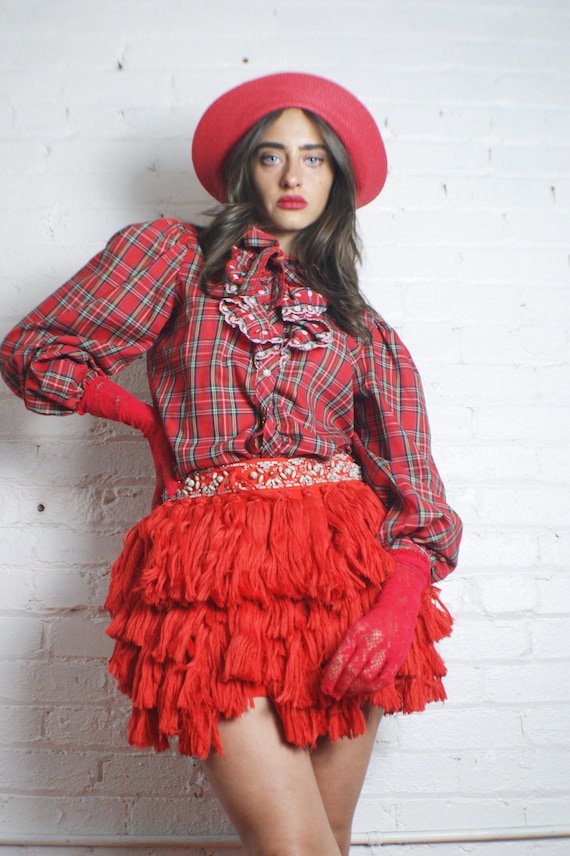 Tartan Ruffled Puffy Sleeve Blouse