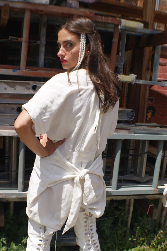 White Linen Jumpsuit With Avant Garde "Crying Eye… - image 6