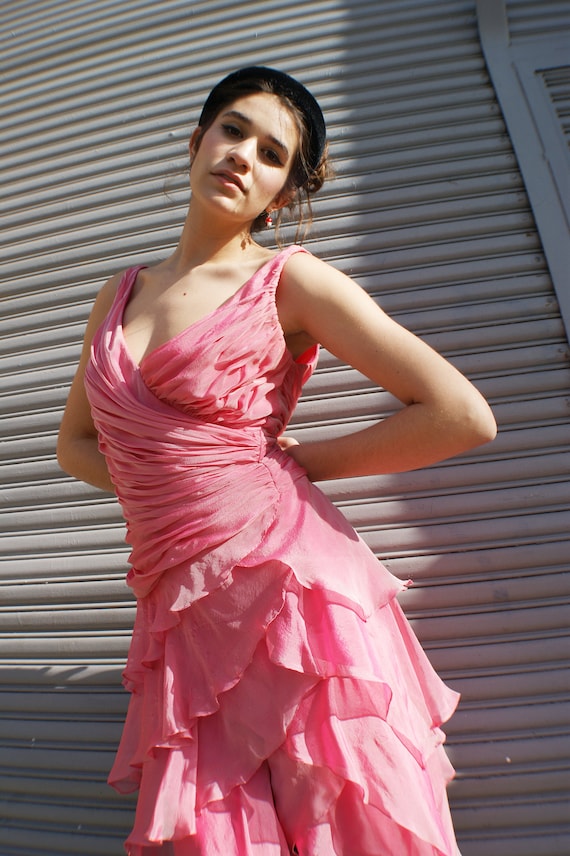 open lace back dress Pink raw silk and net botanical printed gown main image 0