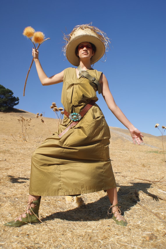 Khaki Vintage Ruffled Dress