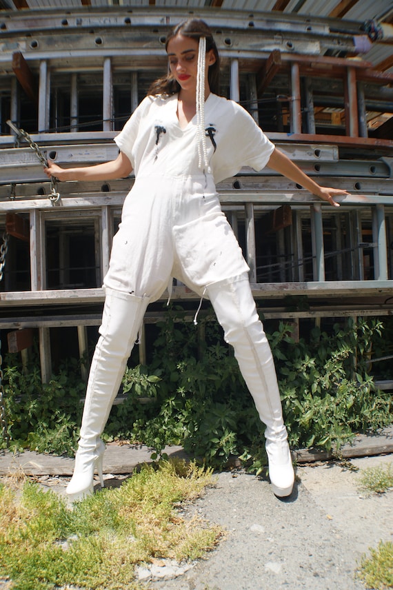 White Linen Jumpsuit With Avant Garde "Crying Eye… - image 4