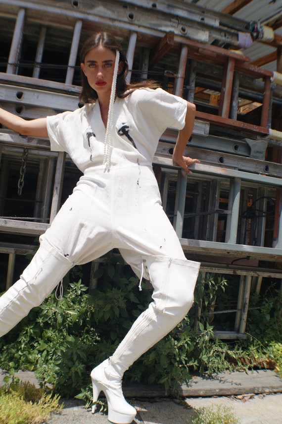White Linen Jumpsuit With Avant Garde "Crying Eye… - image 1