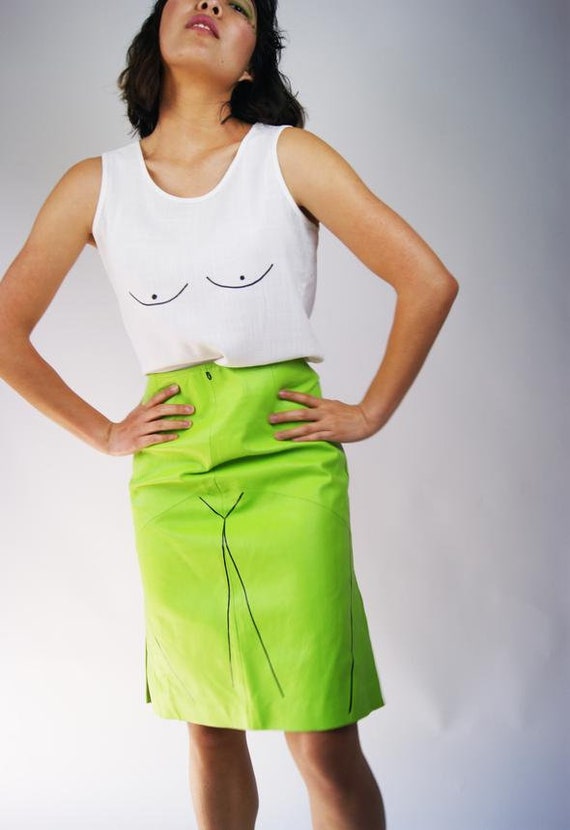 Lime REAL Leather 1980's VINTAGE Handmade Skirt wi
