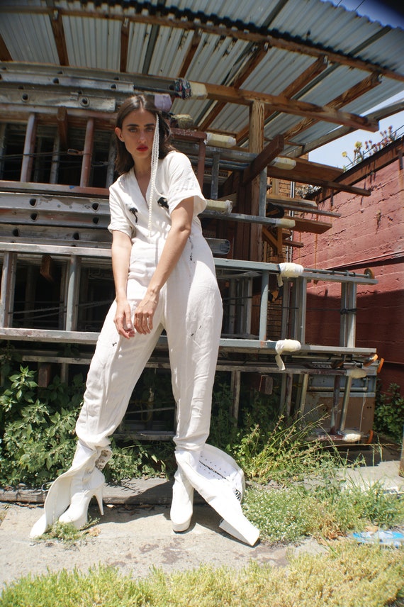 White Linen Jumpsuit With Avant Garde "Crying Eye… - image 7