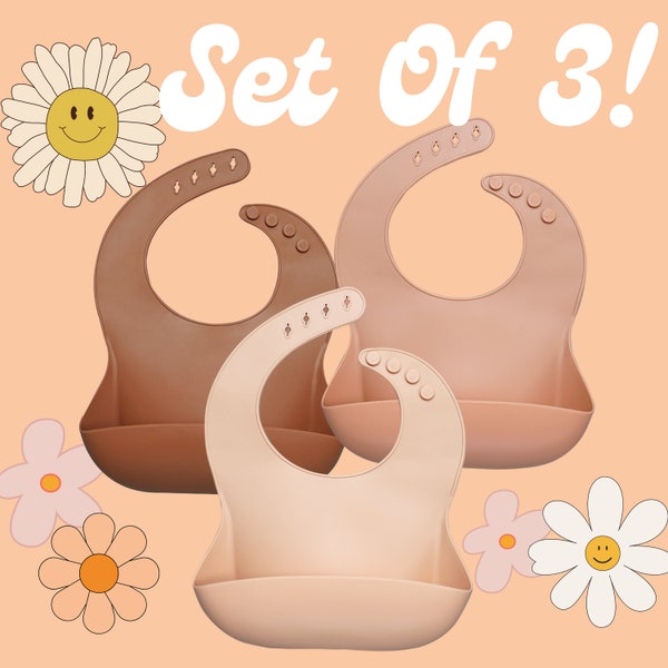 Set of 3! Silicon Baby Bibs. Neutral Colors. Re-enforced button holes. Waterproof. Easy Clean. Dishwasher Safe. BPA Free.