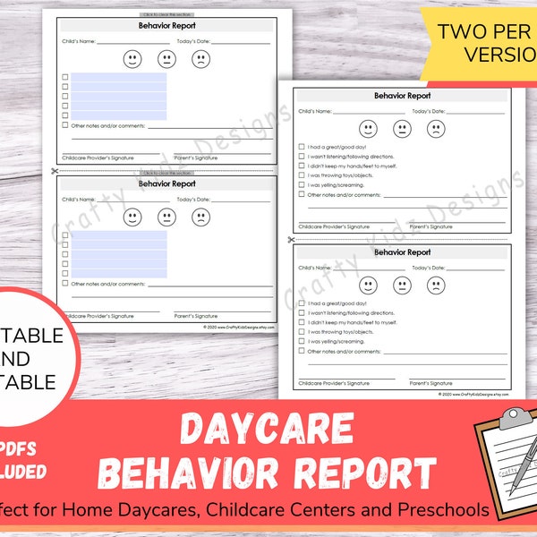 Child Behavior Report for Home Daycares, Childcare Centers and Preschools, Printable and Editable PDF Daycare Forms