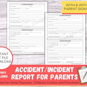 Accident Incident Report for Parents,  Perfect for Home Daycares, Childcare Centers and Preschools, Daycare Forms