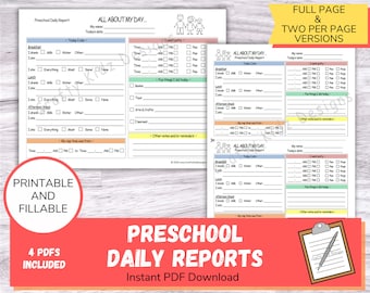 Rapports quotidiens préscolaires parfaits pour les garderies à domicile, les garderies, les nounous et les baby-sitters, formulaires PDF imprimables et remplissables pour garderie