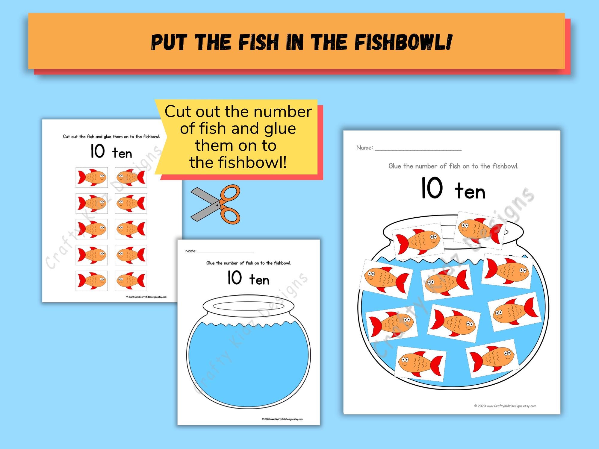 Numbers 10 Fish Exercise Number Crafts 1-10 Fish Theme Printable Counting Activity Preschool ...